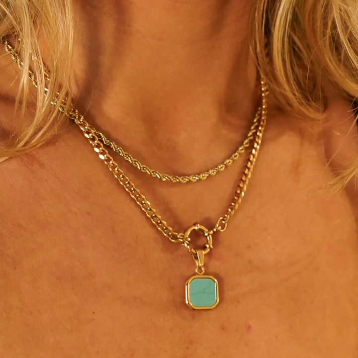 Turquoise Square Pendant Charm waterproof necklace