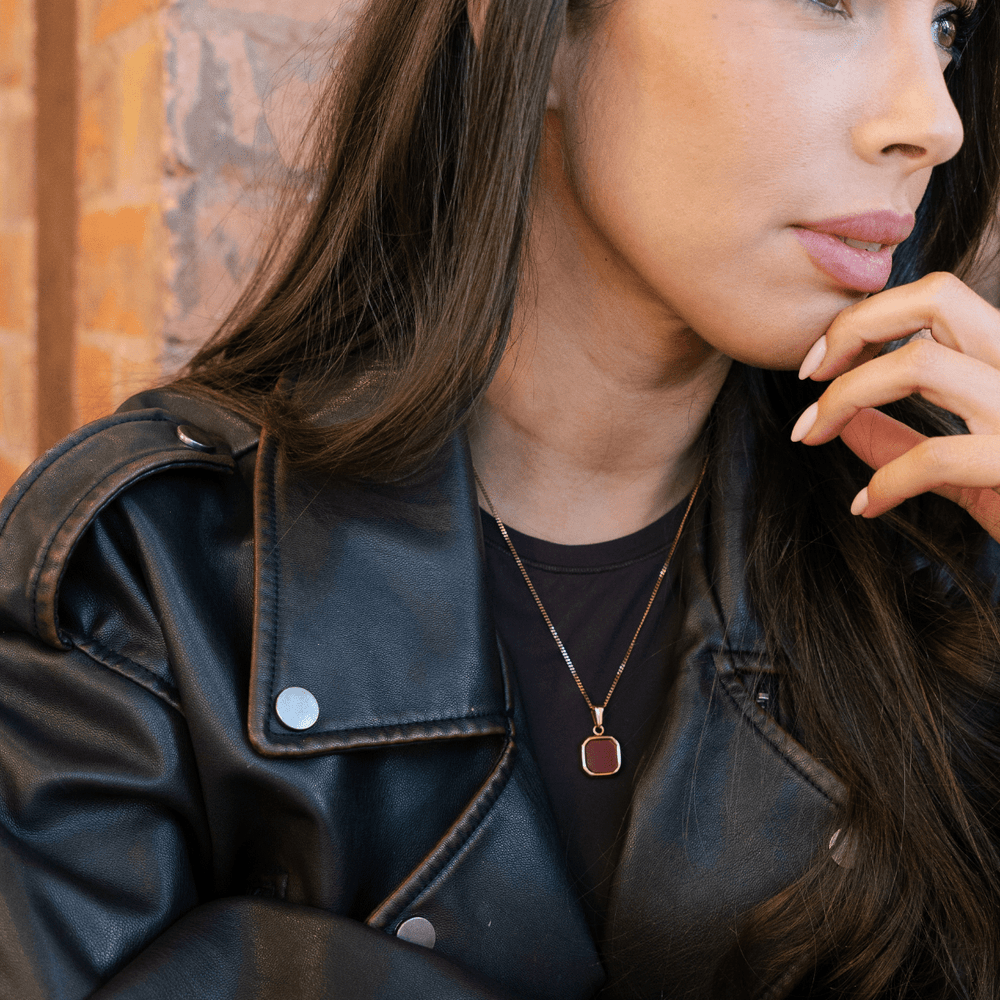 Burgundy Square Pendant Charm Necklace - Ocean Native