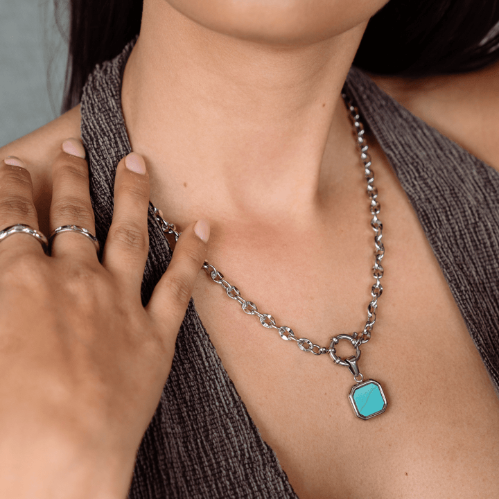 Turquoise Square Pendant Charm - Silver - Ocean Native