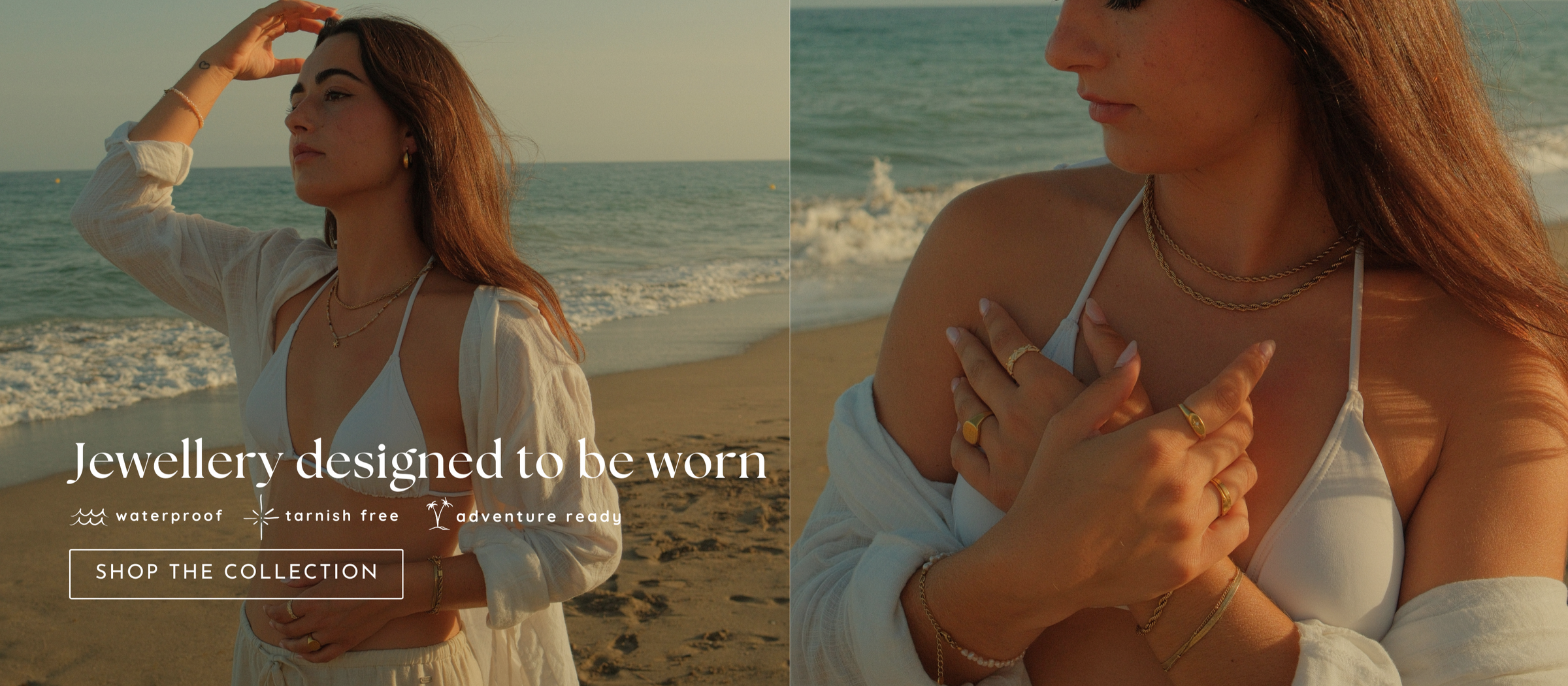 women on beach wearing waterproof gold jewellery